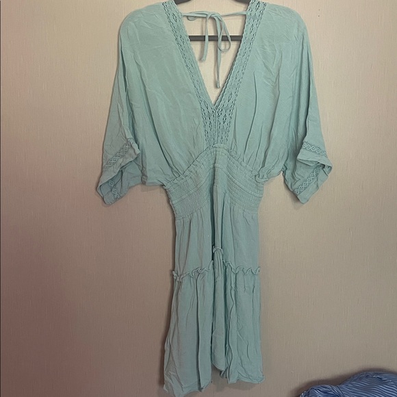 Lovestitch small blue lace crochet smocked dress rayon v neck tie back - Picture 6 of 8